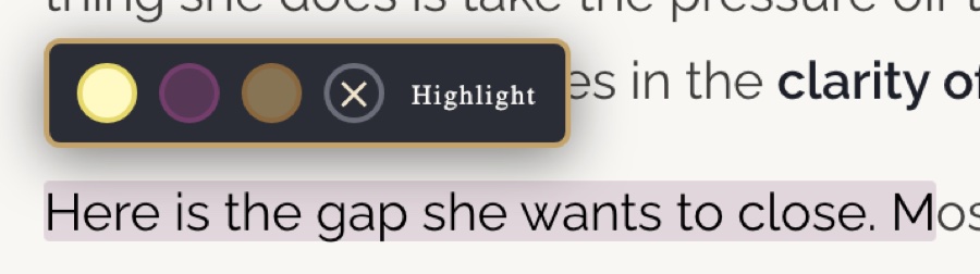 The highlight toolbar open over a selected sentence, offering three colors