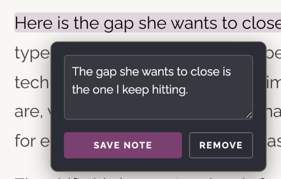 The note popover open with a typed note and Save Note and Remove buttons