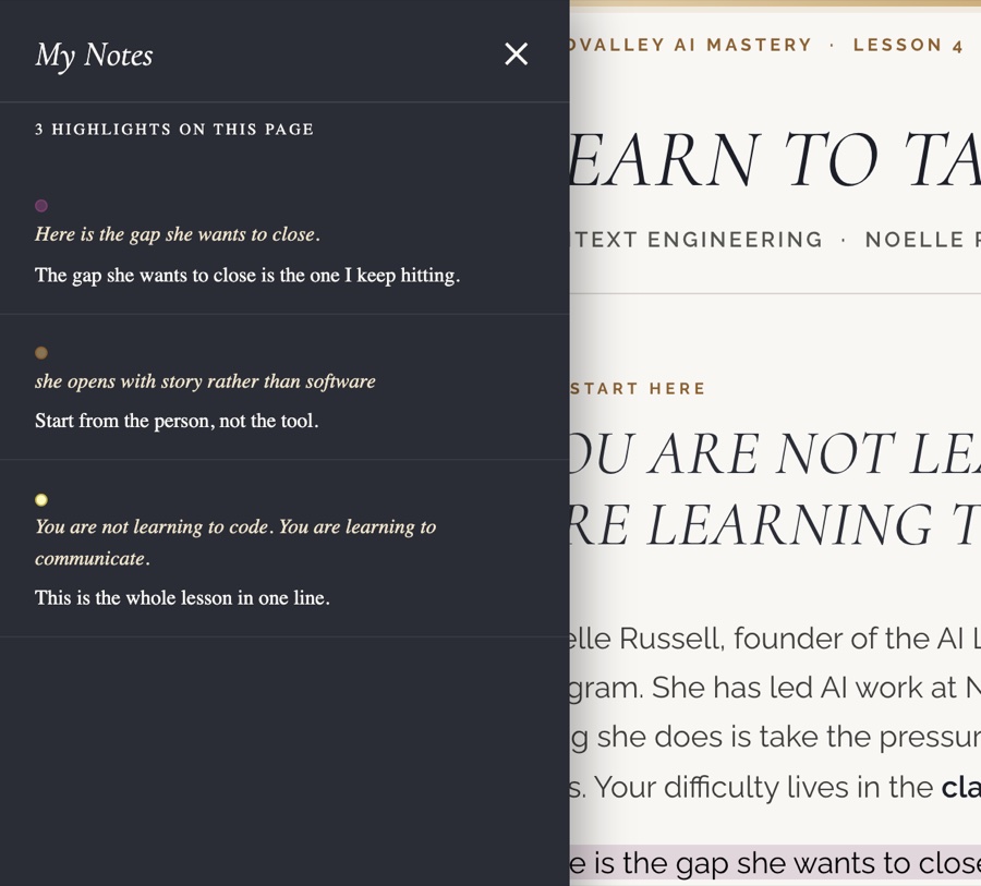 The My Notes drawer listing three highlighted passages and their notes