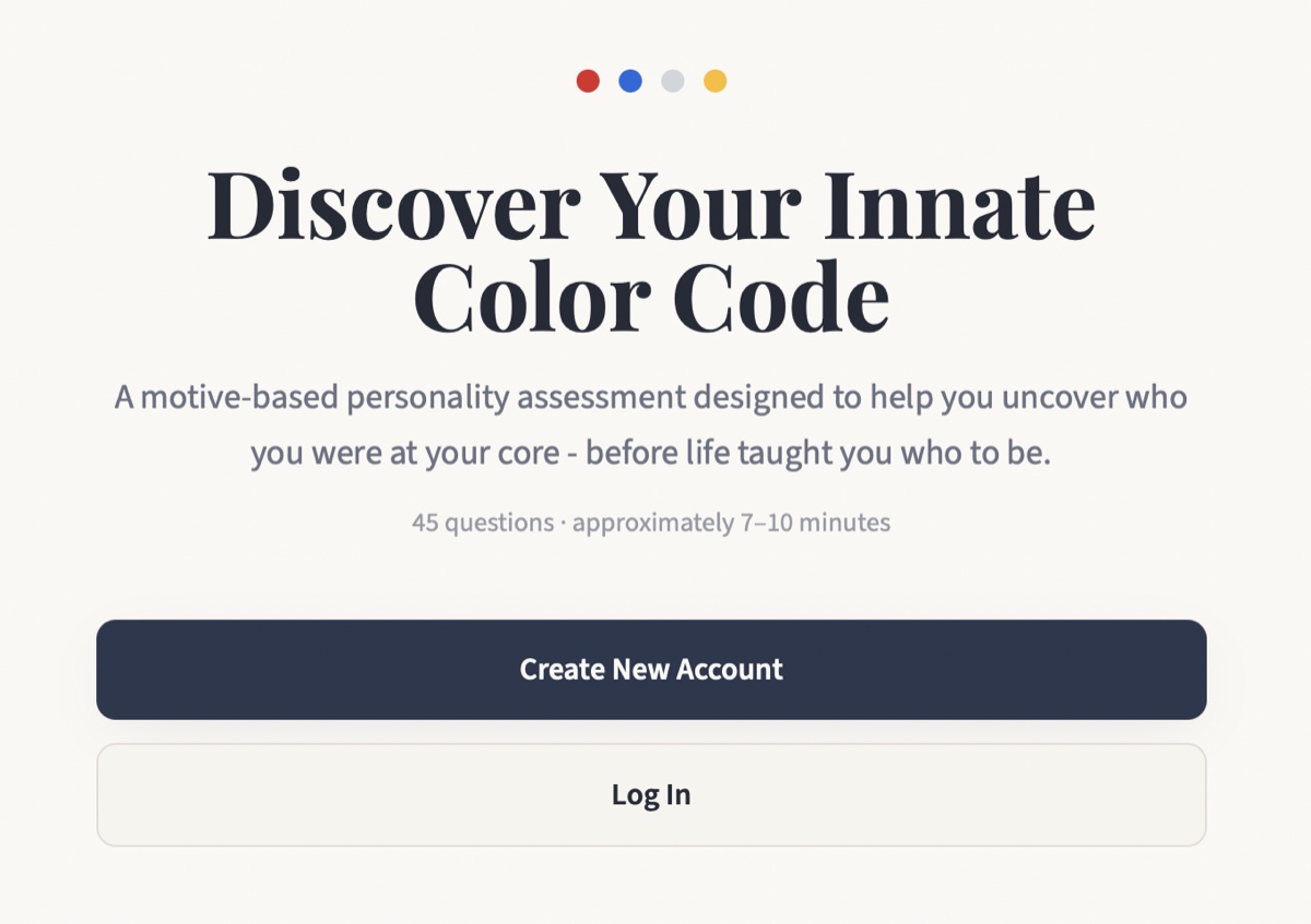 The assessment landing screen: Discover Your Innate Color Code, 45 questions, about 7 to 10 minutes