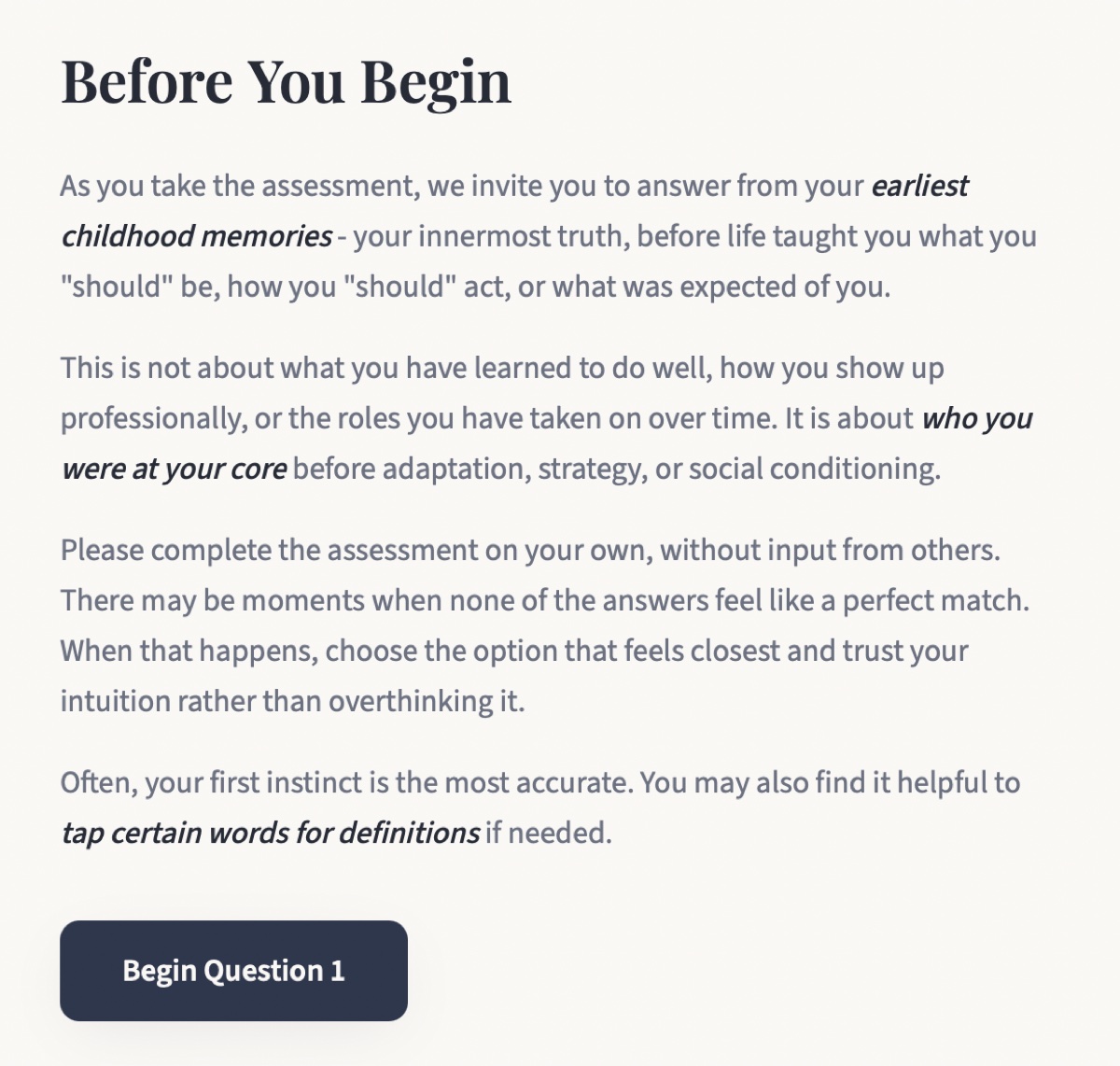 The Before You Begin screen, asking the taker to answer from earliest childhood memory rather than from who they have learned to be
