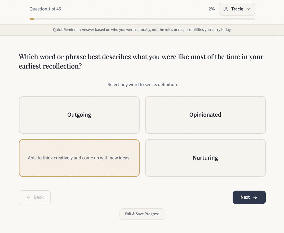 Question 1 of 45, with one option expanded to show the definition of the word it uses