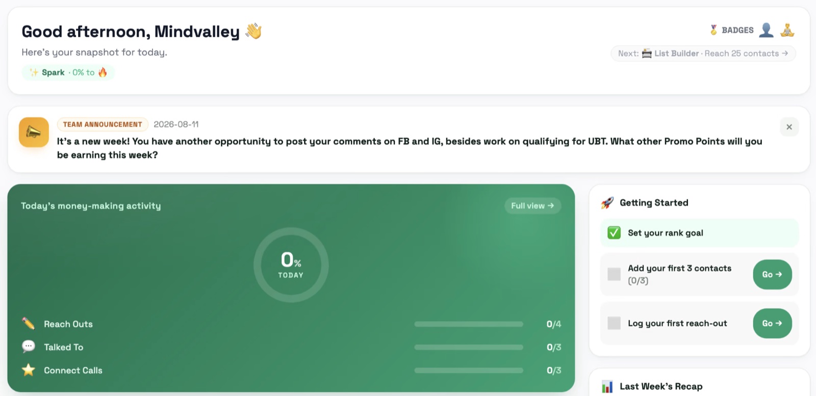 The Success Planner dashboard: today's activity against the day's goals, the team announcement, and the getting-started checklist