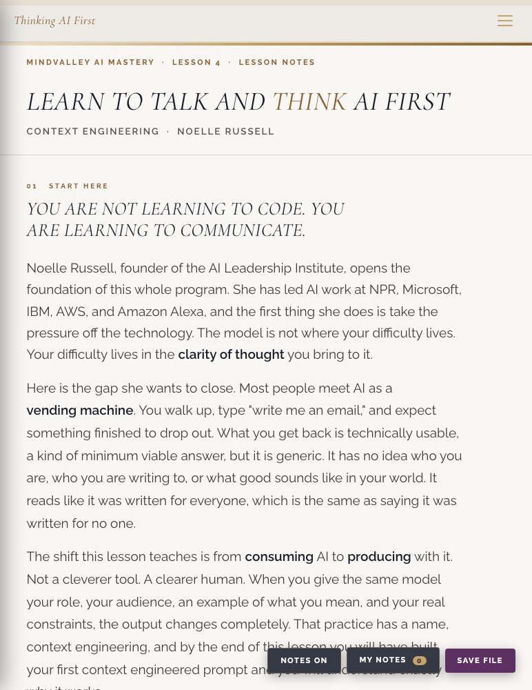 A live lesson page with the notes bar and save control visible