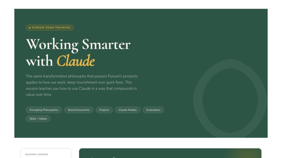 The Working Smarter with Claude training page, opening on Purium team training
